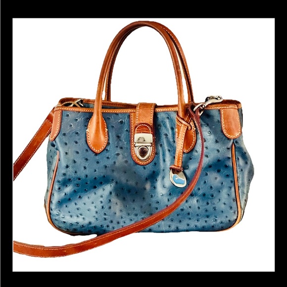 Dooney & Bourke Handbags - Dooney & Bourke Ostrich Embossed Leather Bag With Crossbody Strap Blue